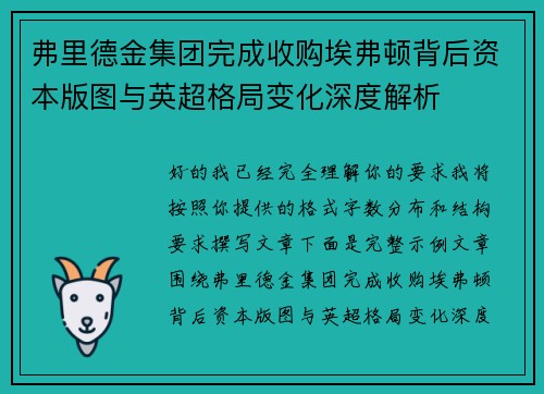 弗里德金集团完成收购埃弗顿背后资本版图与英超格局变化深度解析